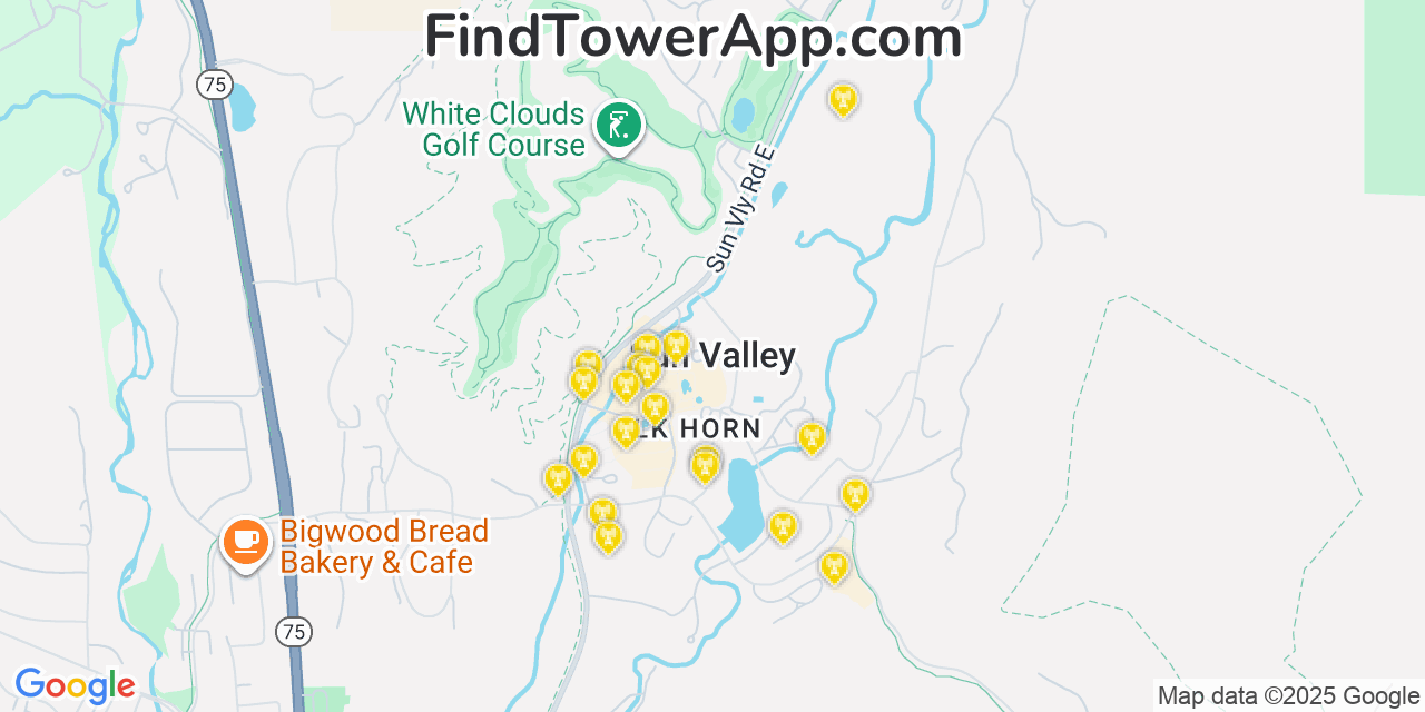 Map showing the 20 primary cell tower locations detected in Sun Valley, Idaho from AT&T, Verizon, and T-Mobile networks