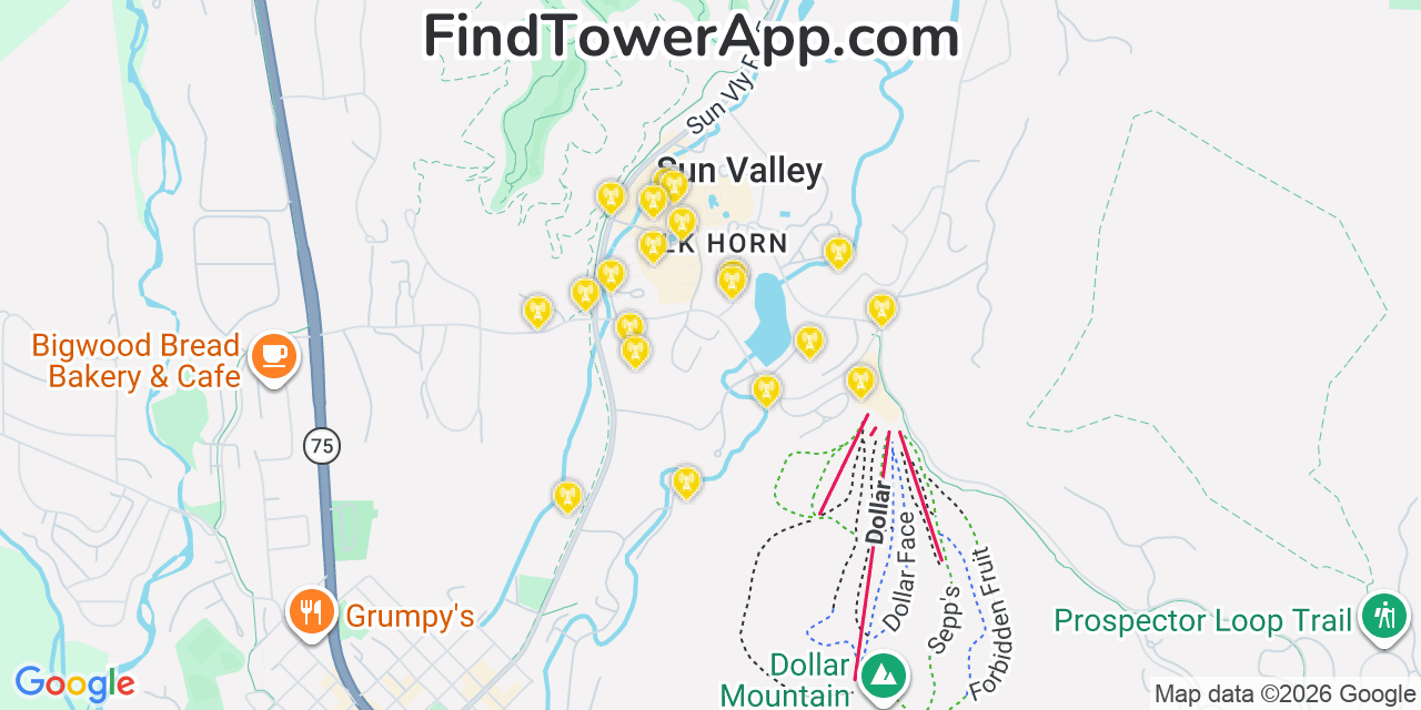 Map showing the 20 primary cell tower locations detected in Sun Valley, Idaho from AT&T, Verizon, and T-Mobile networks