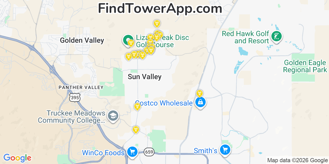 Map showing the 20 primary cell tower locations detected in Sun Valley, Nevada from AT&T, Verizon, and T-Mobile networks