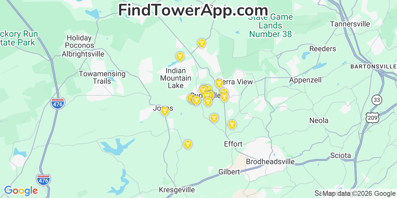 Map showing the 20 primary cell tower locations detected in Sun Valley, Pennsylvania from AT&T, Verizon, and T-Mobile networks