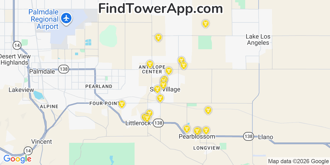 Map showing the 20 primary cell tower locations detected in Sun Village, California from AT&T, Verizon, and T-Mobile networks