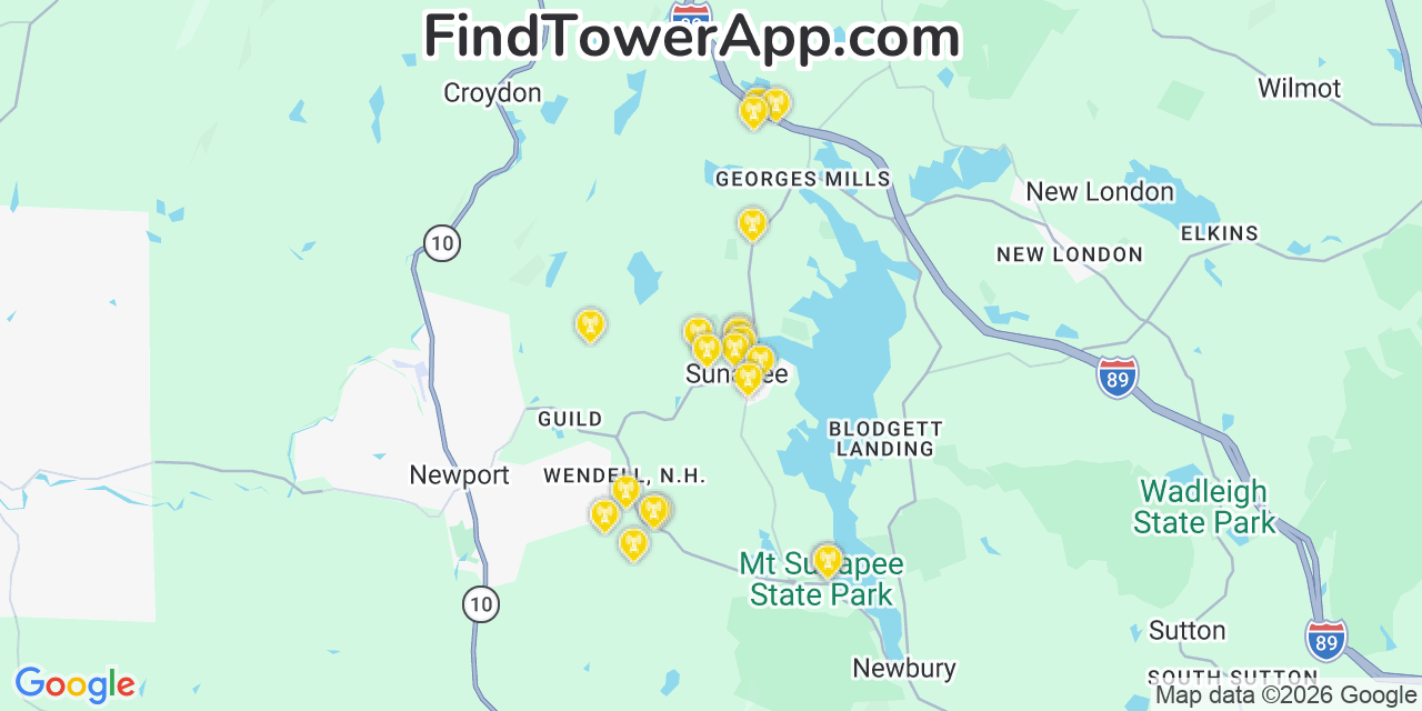 Map showing the 20 primary cell tower locations detected in Sunapee, New Hampshire from AT&T, Verizon, and T-Mobile networks