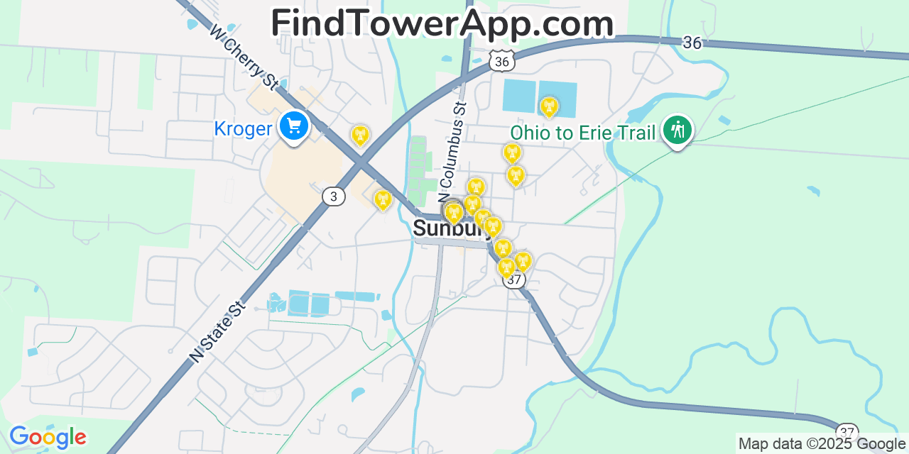 Map showing the 20 primary cell tower locations detected in Sunbury, Ohio from AT&T, Verizon, and T-Mobile networks
