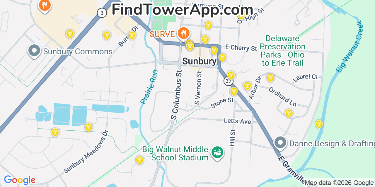 Map showing the 20 primary cell tower locations detected in Sunbury, Ohio from AT&T, Verizon, and T-Mobile networks