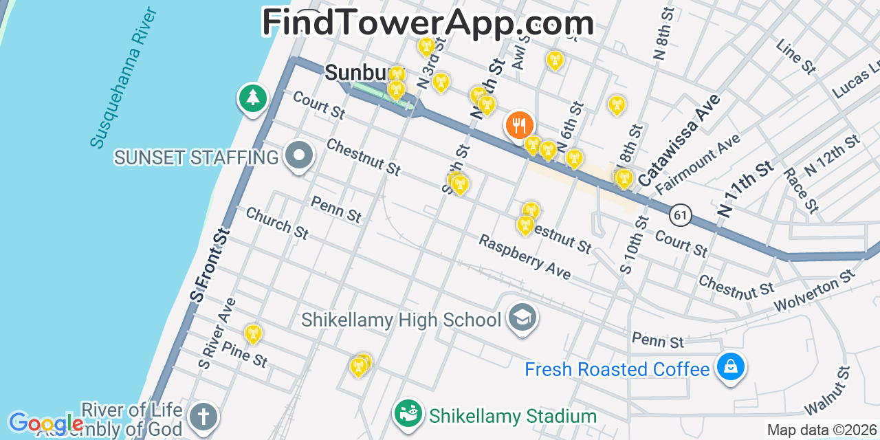 Map showing the 20 primary cell tower locations detected in Sunbury, Pennsylvania from AT&T, Verizon, and T-Mobile networks