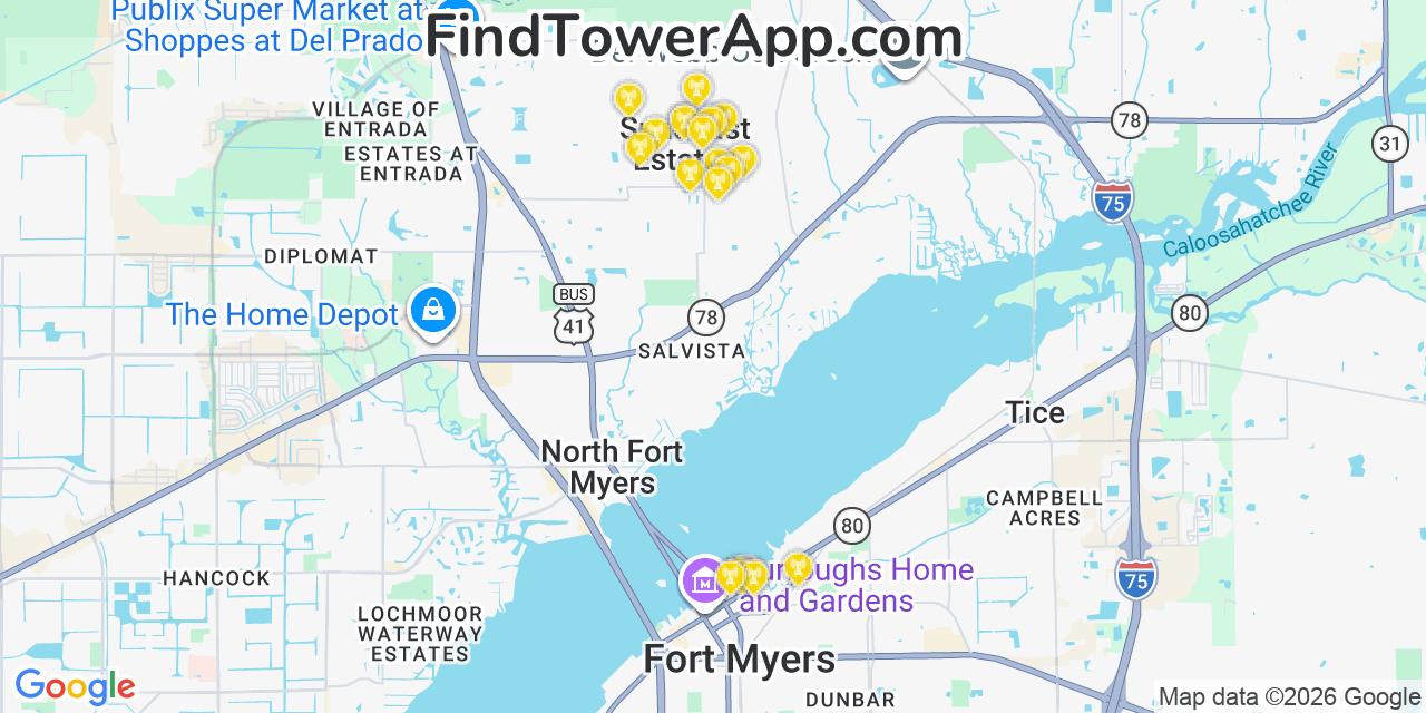 Map showing the 20 primary cell tower locations detected in Suncoast Estates, Florida from AT&T, Verizon, and T-Mobile networks