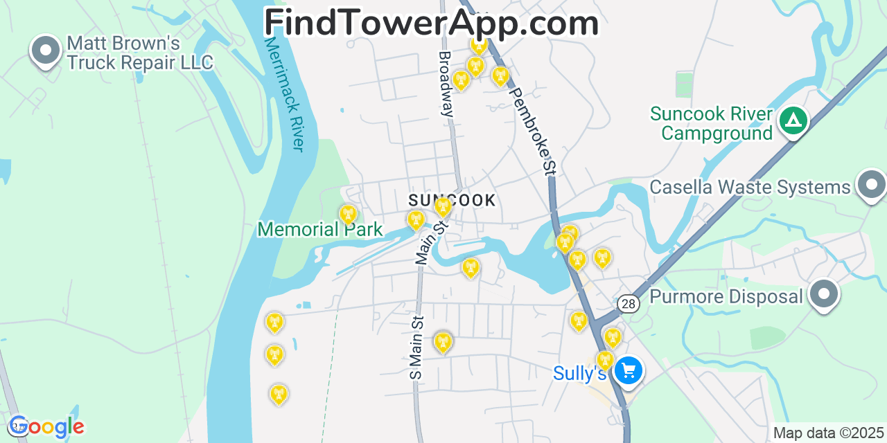 Map showing the 20 primary cell tower locations detected in Suncook, New Hampshire from AT&T, Verizon, and T-Mobile networks