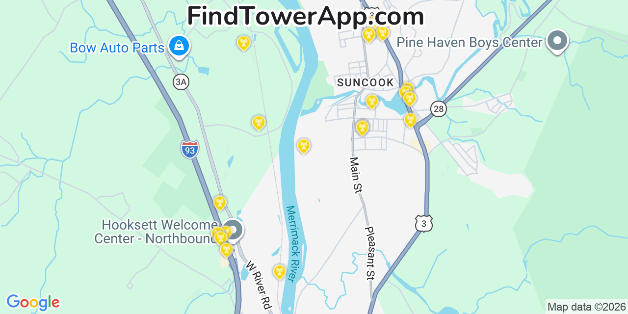 Map showing the 20 primary cell tower locations detected in Suncook, New Hampshire from AT&T, Verizon, and T-Mobile networks
