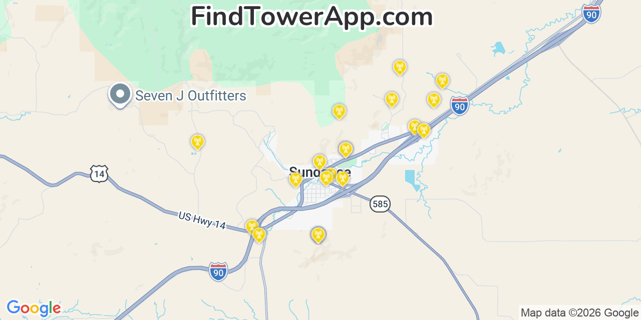 Map showing the 20 primary cell tower locations detected in Sundance, Wyoming from AT&T, Verizon, and T-Mobile networks