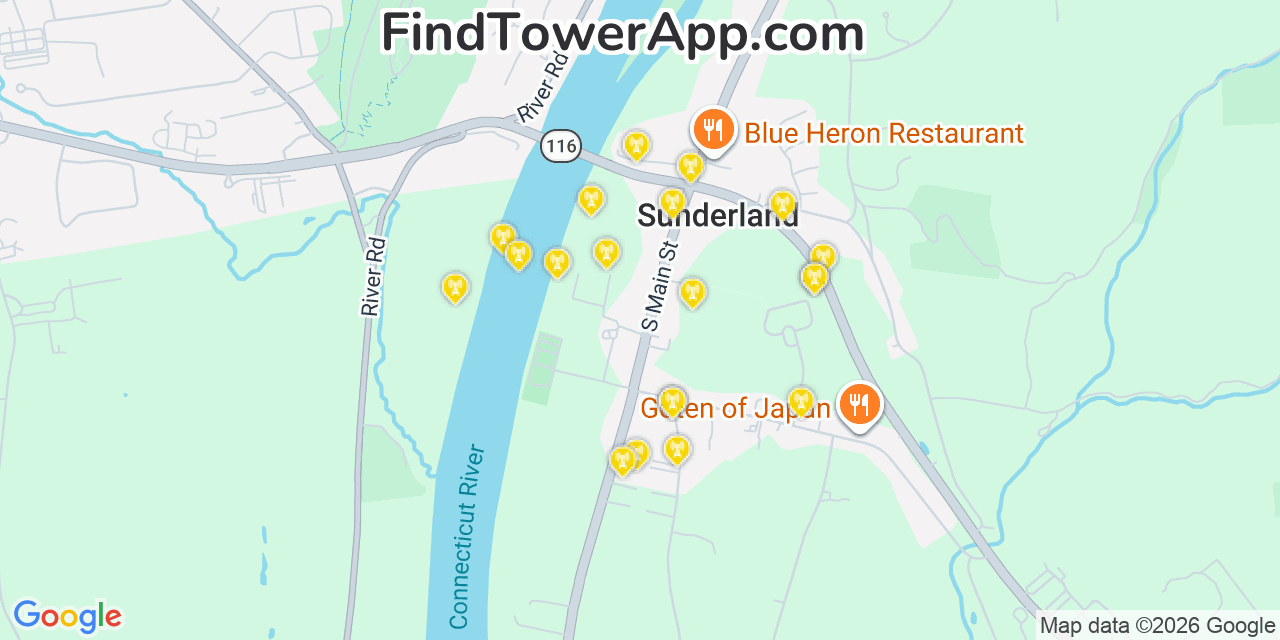 Map showing the 20 primary cell tower locations detected in Sunderland, Massachusetts from AT&T, Verizon, and T-Mobile networks