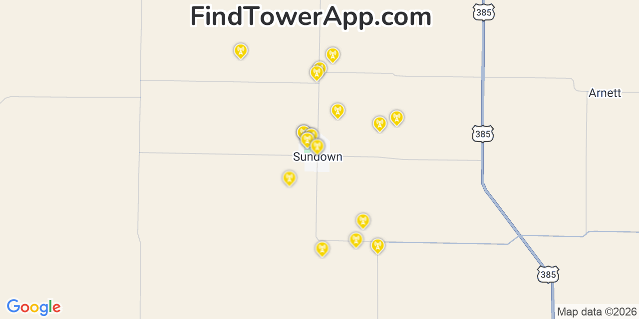 Map showing the 20 primary cell tower locations detected in Sundown, Texas from AT&T, Verizon, and T-Mobile networks