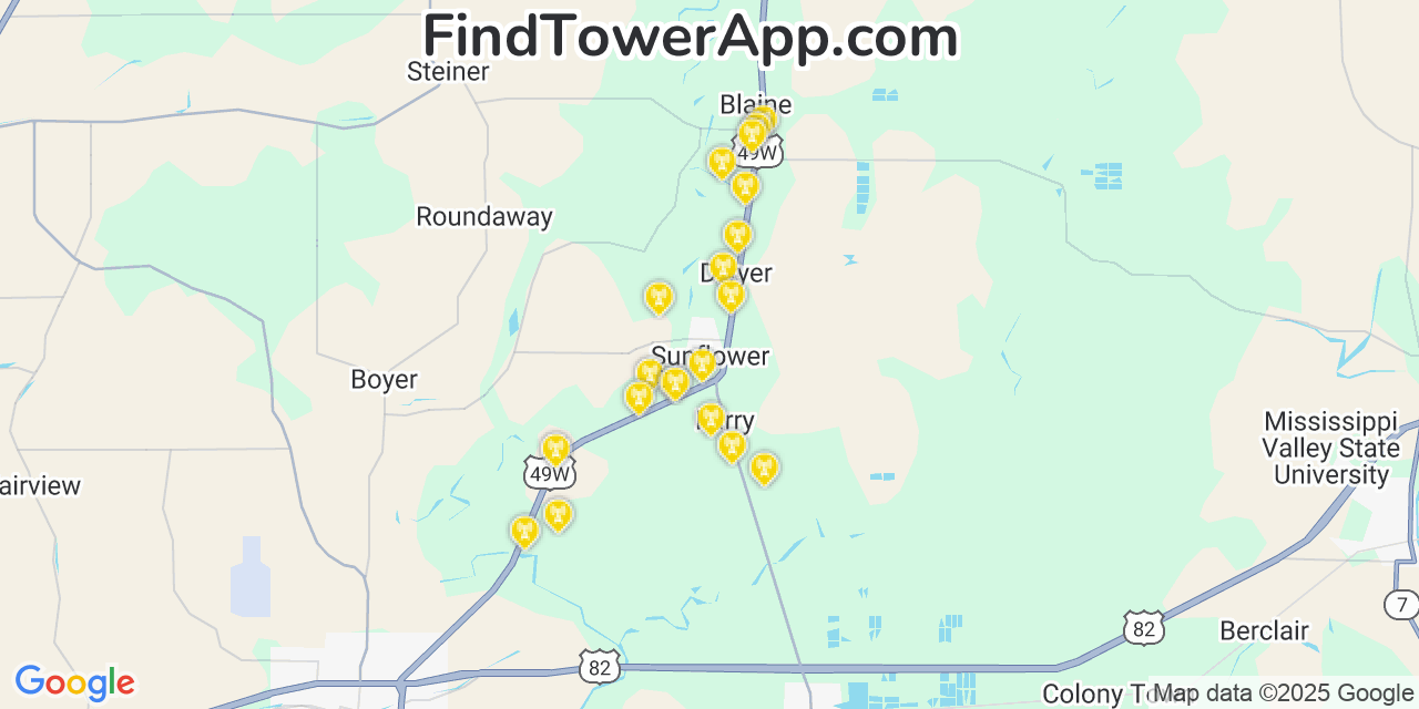 Map showing the 20 primary cell tower locations detected in Sunflower, Mississippi from AT&T, Verizon, and T-Mobile networks