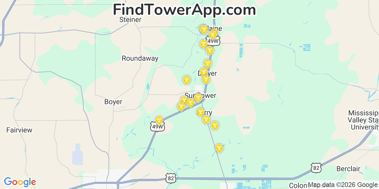 Map showing the 20 primary cell tower locations detected in Sunflower, Mississippi from AT&T, Verizon, and T-Mobile networks