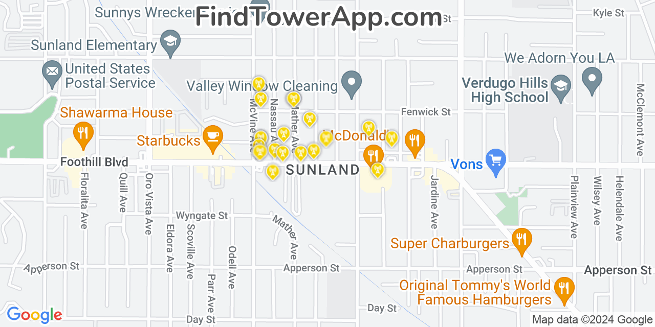 AT&T 4G/5G cell tower coverage map Sunland, California