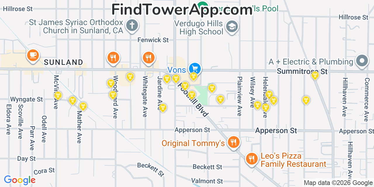 Map showing the 20 primary cell tower locations detected in Sunland, California from AT&T, Verizon, and T-Mobile networks