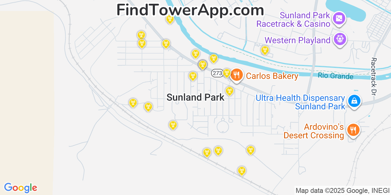 Map showing the 20 primary cell tower locations detected in Sunland Park, New Mexico from AT&T, Verizon, and T-Mobile networks
