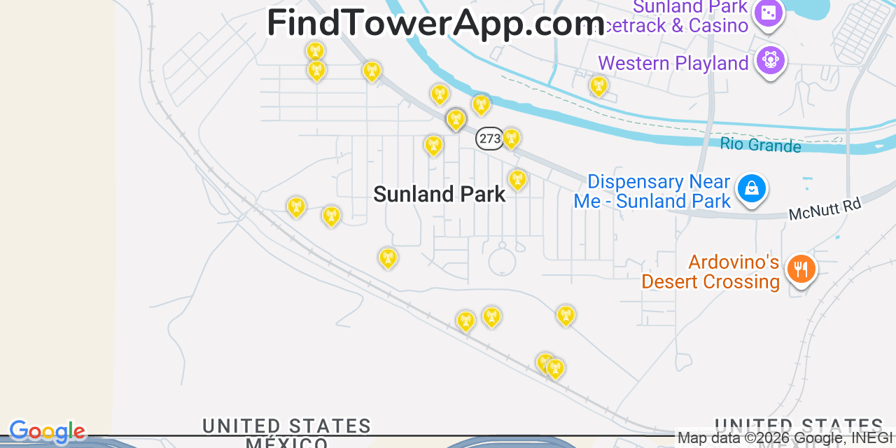 Map showing the 20 primary cell tower locations detected in Sunland Park, New Mexico from AT&T, Verizon, and T-Mobile networks