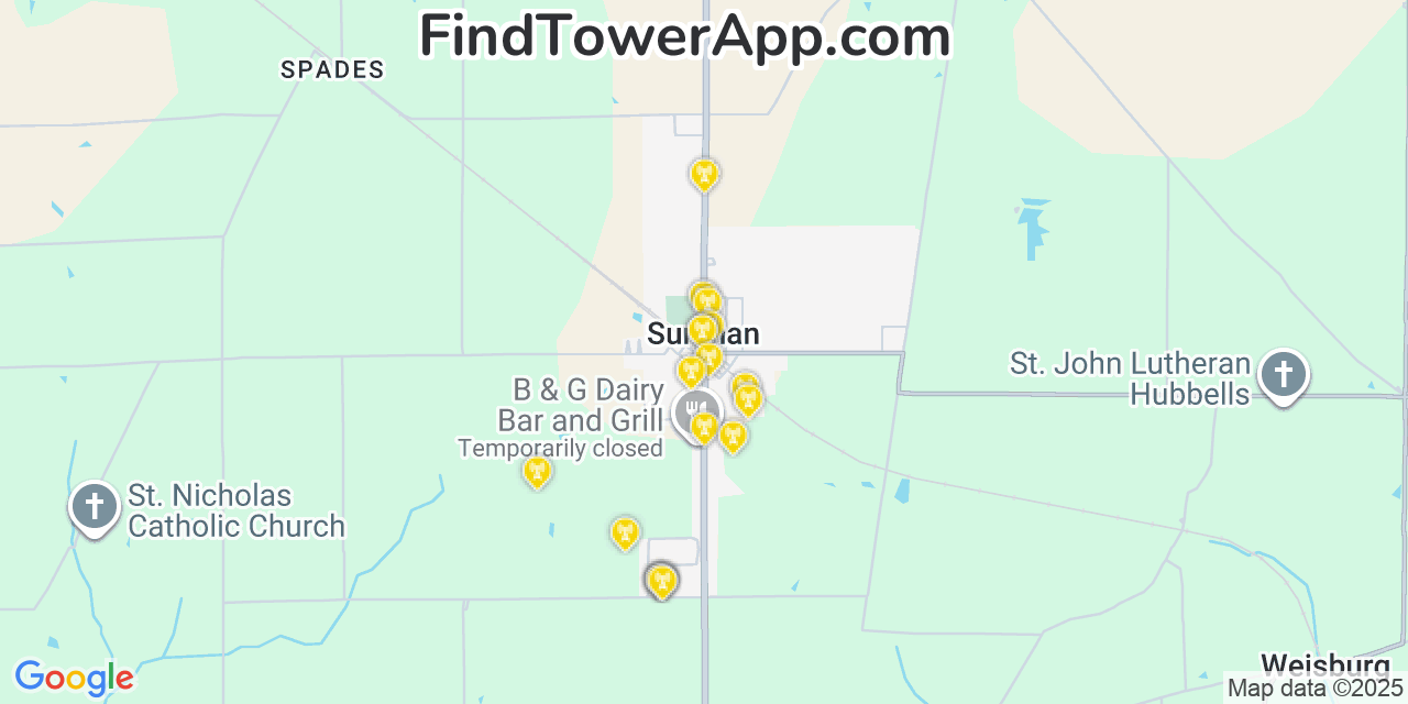 Map showing the 20 primary cell tower locations detected in Sunman, Indiana from AT&T, Verizon, and T-Mobile networks