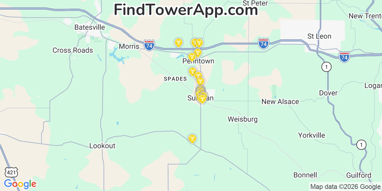 Map showing the 20 primary cell tower locations detected in Sunman, Indiana from AT&T, Verizon, and T-Mobile networks