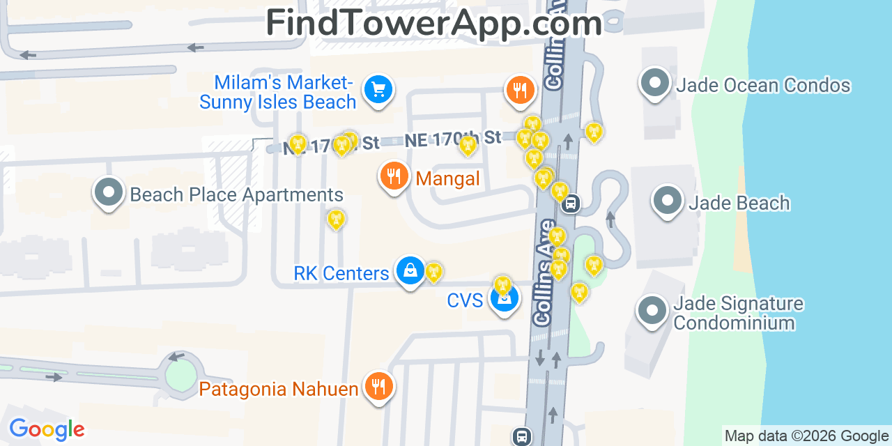 Map showing the 20 primary cell tower locations detected in Sunny Isles Beach, Florida from AT&T, Verizon, and T-Mobile networks