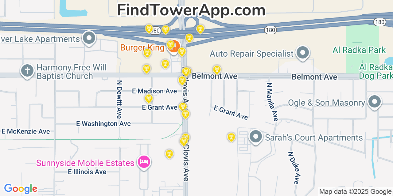 Map showing the 20 primary cell tower locations detected in Sunnyside, California from AT&T, Verizon, and T-Mobile networks