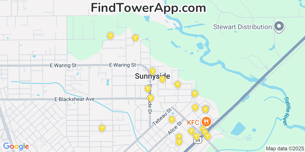 Map showing the 20 primary cell tower locations detected in Sunnyside, Georgia from AT&T, Verizon, and T-Mobile networks