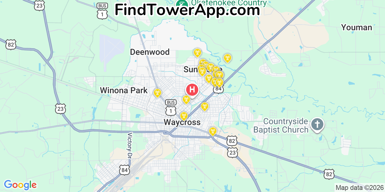 Map showing the 20 primary cell tower locations detected in Sunnyside, Georgia from AT&T, Verizon, and T-Mobile networks