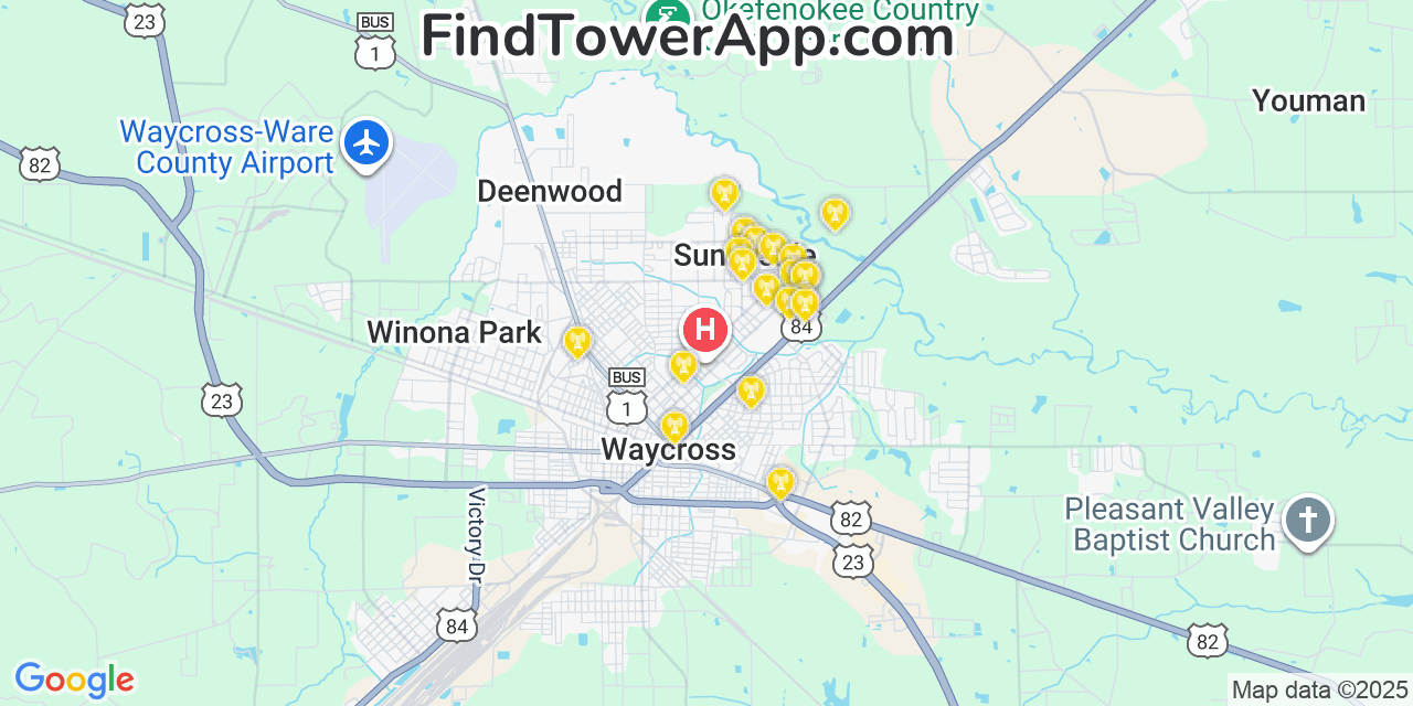 Map showing the 20 primary Mobitel cell tower locations detected in Sunnyside, Georgia with coverage radius and signal strength indicators