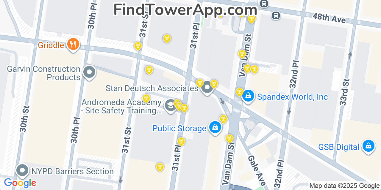 Map showing the 20 primary cell tower locations detected in Sunnyside, New York from AT&T, Verizon, and T-Mobile networks