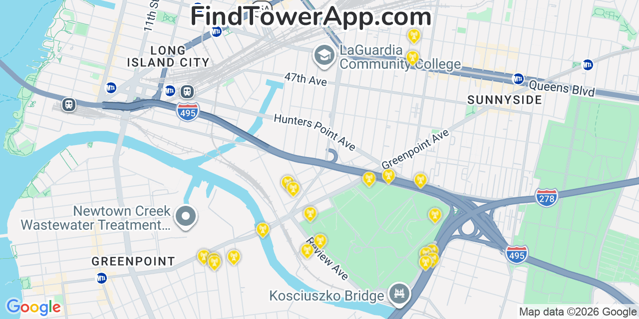 Map showing the 20 primary cell tower locations detected in Sunnyside, New York from AT&T, Verizon, and T-Mobile networks