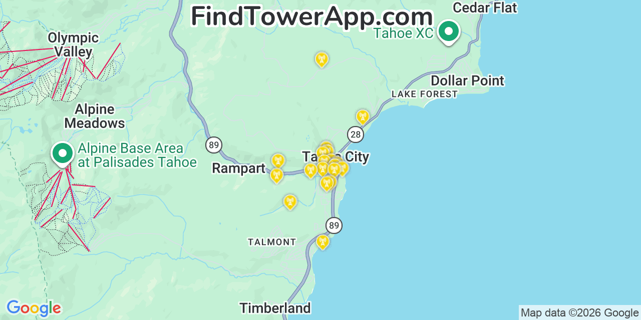 Map showing the 20 primary cell tower locations detected in Sunnyside Tahoe City, California from AT&T, Verizon, and T-Mobile networks