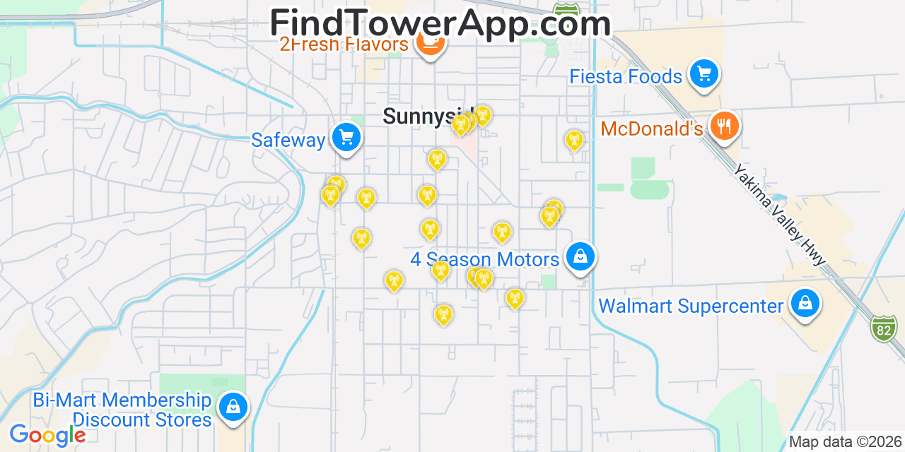 Map showing the 20 primary cell tower locations detected in Sunnyside, Washington from AT&T, Verizon, and T-Mobile networks