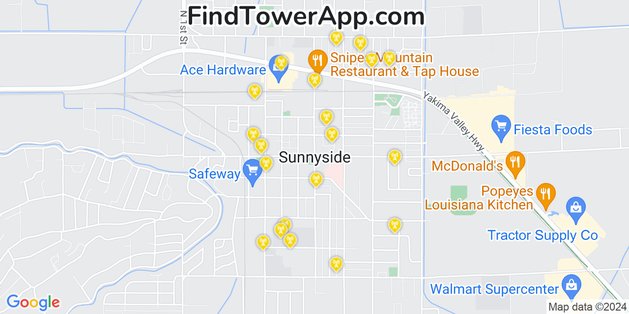 Verizon 4G/5G cell tower coverage map Sunnyside, Washington