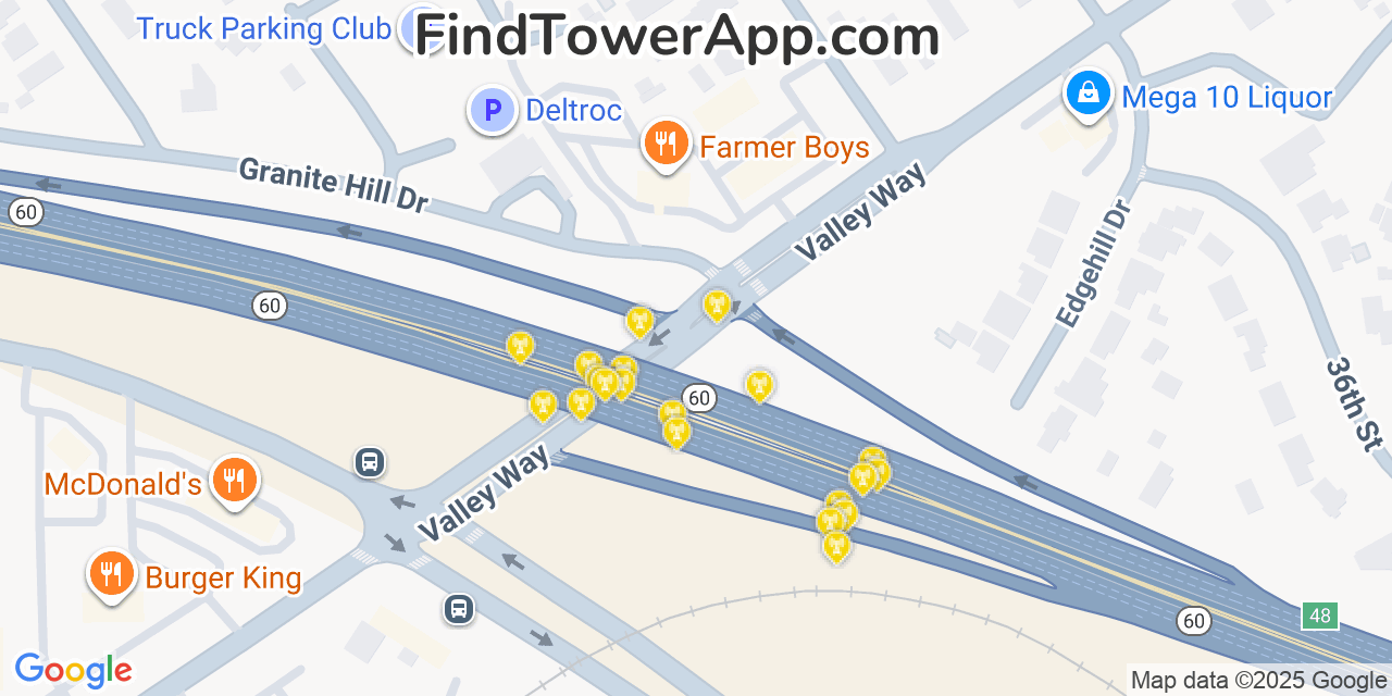 Map showing the 20 primary cell tower locations detected in Sunnyslope, California from AT&T, Verizon, and T-Mobile networks