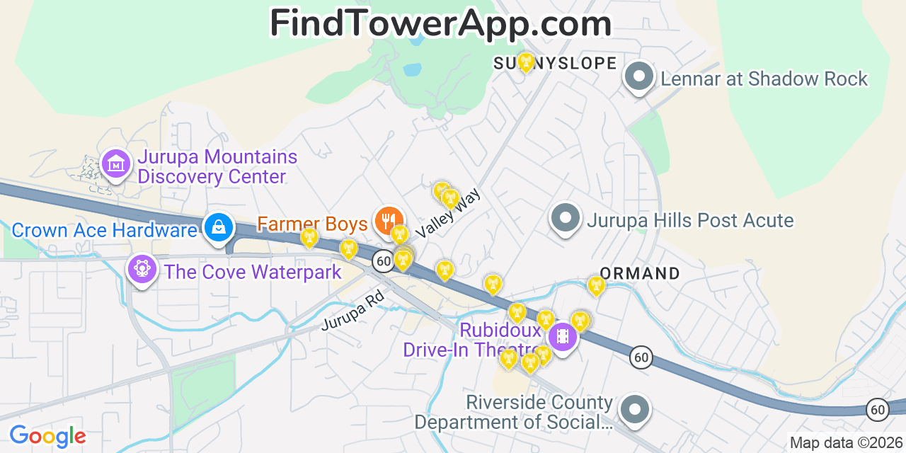 Map showing the 20 primary cell tower locations detected in Sunnyslope, California from AT&T, Verizon, and T-Mobile networks