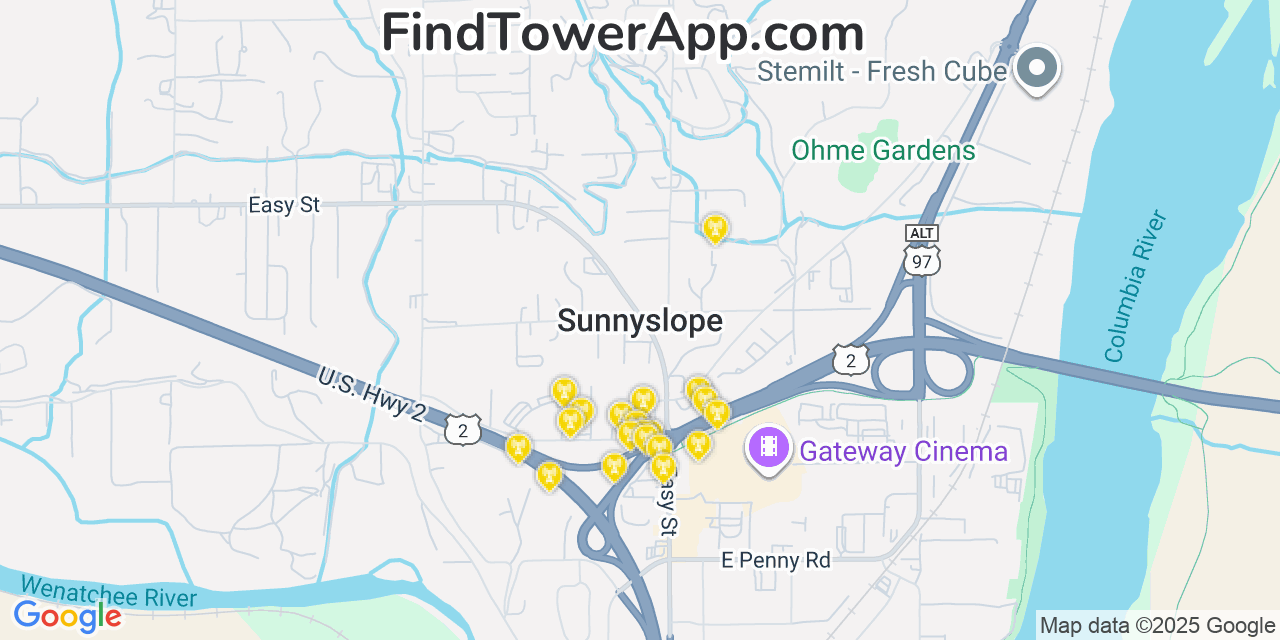 Map showing the 20 primary cell tower locations detected in Sunnyslope, Washington from AT&T, Verizon, and T-Mobile networks