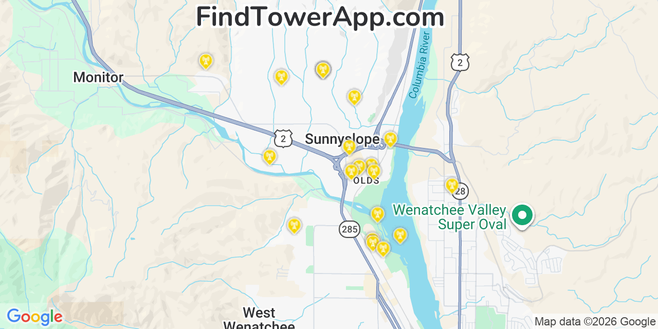 Map showing the 20 primary cell tower locations detected in Sunnyslope, Washington from AT&T, Verizon, and T-Mobile networks
