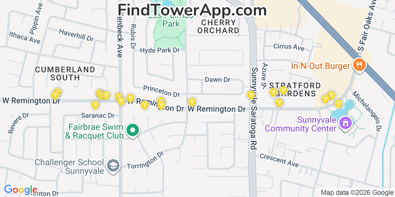 Map showing the 20 primary cell tower locations detected in Sunnyvale, California from AT&T, Verizon, and T-Mobile networks