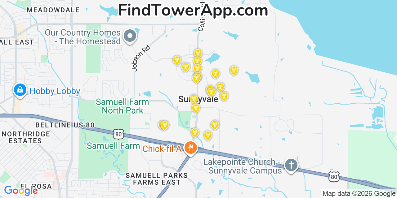 Map showing the 20 primary cell tower locations detected in Sunnyvale, Texas from AT&T, Verizon, and T-Mobile networks
