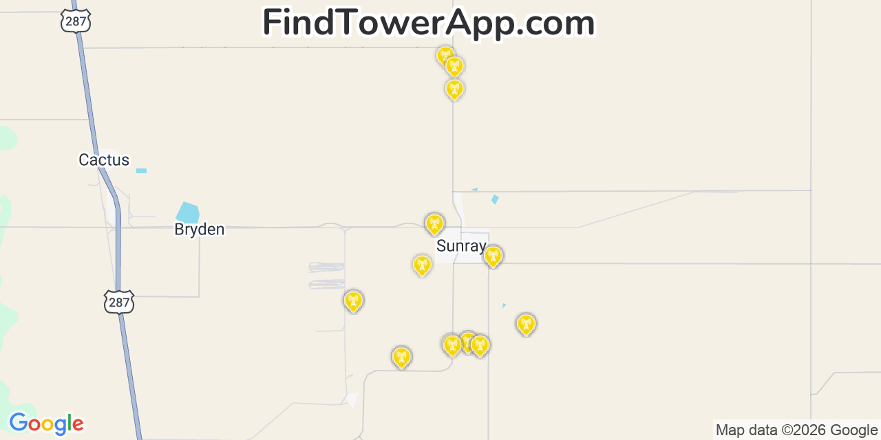 Map showing the 20 primary cell tower locations detected in Sunray, Texas from AT&T, Verizon, and T-Mobile networks