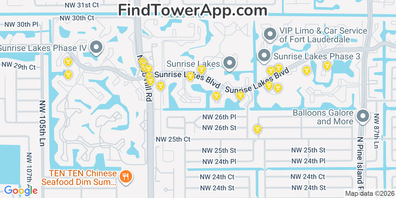 Map showing the 20 primary cell tower locations detected in Sunrise, Florida from AT&T, Verizon, and T-Mobile networks