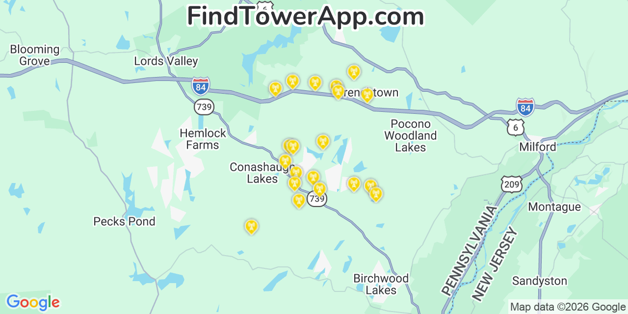 Map showing the 20 primary cell tower locations detected in Sunrise Lake, Pennsylvania from AT&T, Verizon, and T-Mobile networks