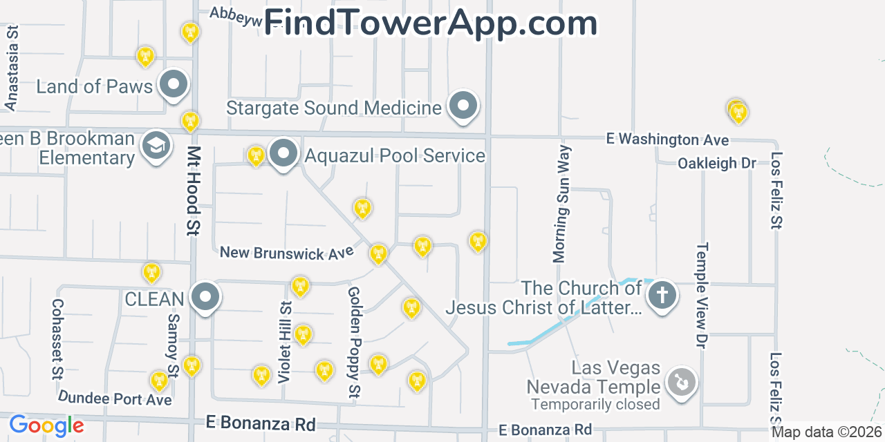 Map showing the 20 primary cell tower locations detected in Sunrise Manor, Nevada from AT&T, Verizon, and T-Mobile networks