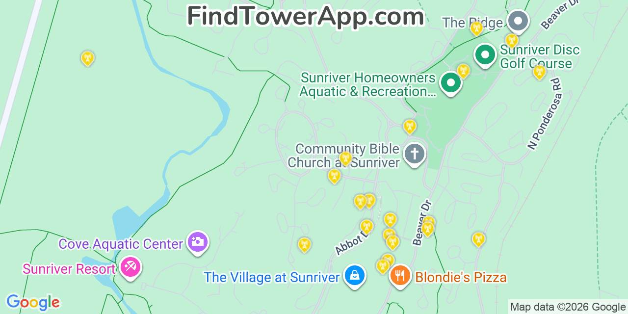 Map showing the 20 primary cell tower locations detected in Sunriver, Oregon from AT&T, Verizon, and T-Mobile networks