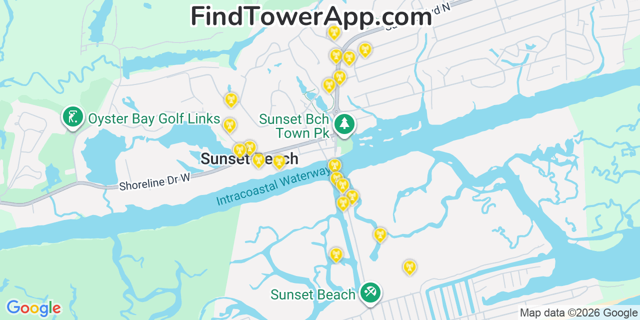 Map showing the 20 primary cell tower locations detected in Sunset Beach, North Carolina from AT&T, Verizon, and T-Mobile networks