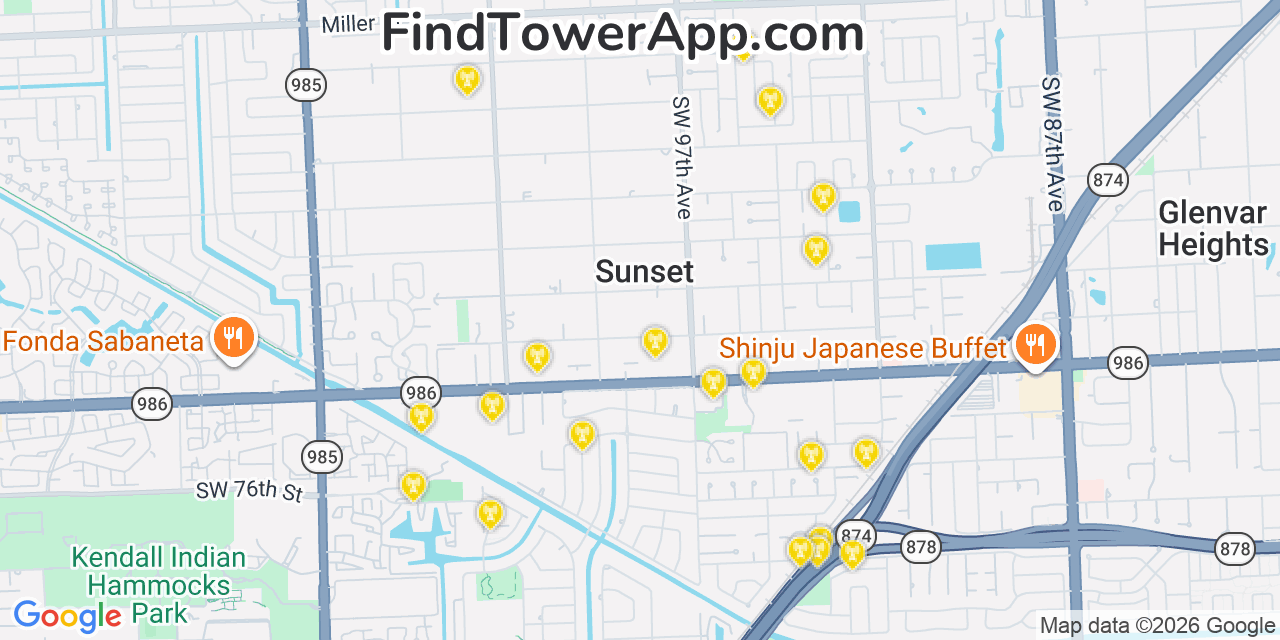 Map showing the 20 primary cell tower locations detected in Sunset, Florida from AT&T, Verizon, and T-Mobile networks