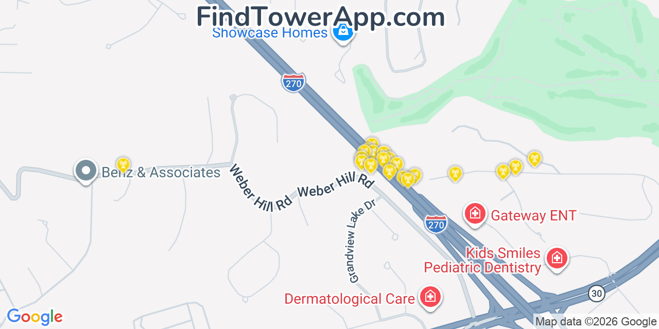 Map showing the 20 primary cell tower locations detected in Sunset Hills, Missouri from AT&T, Verizon, and T-Mobile networks