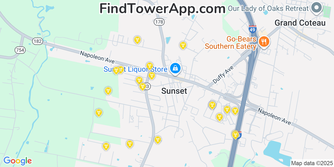 Map showing the 20 primary cell tower locations detected in Sunset, Louisiana from AT&T, Verizon, and T-Mobile networks