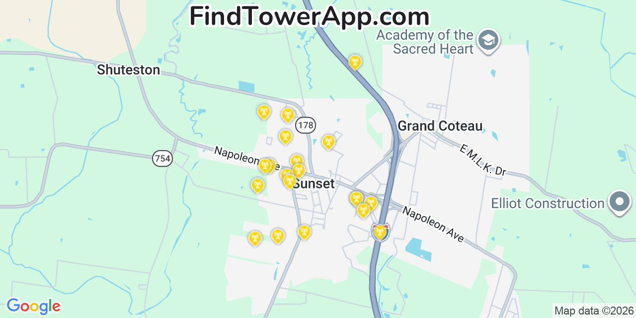 Map showing the 20 primary cell tower locations detected in Sunset, Louisiana from AT&T, Verizon, and T-Mobile networks