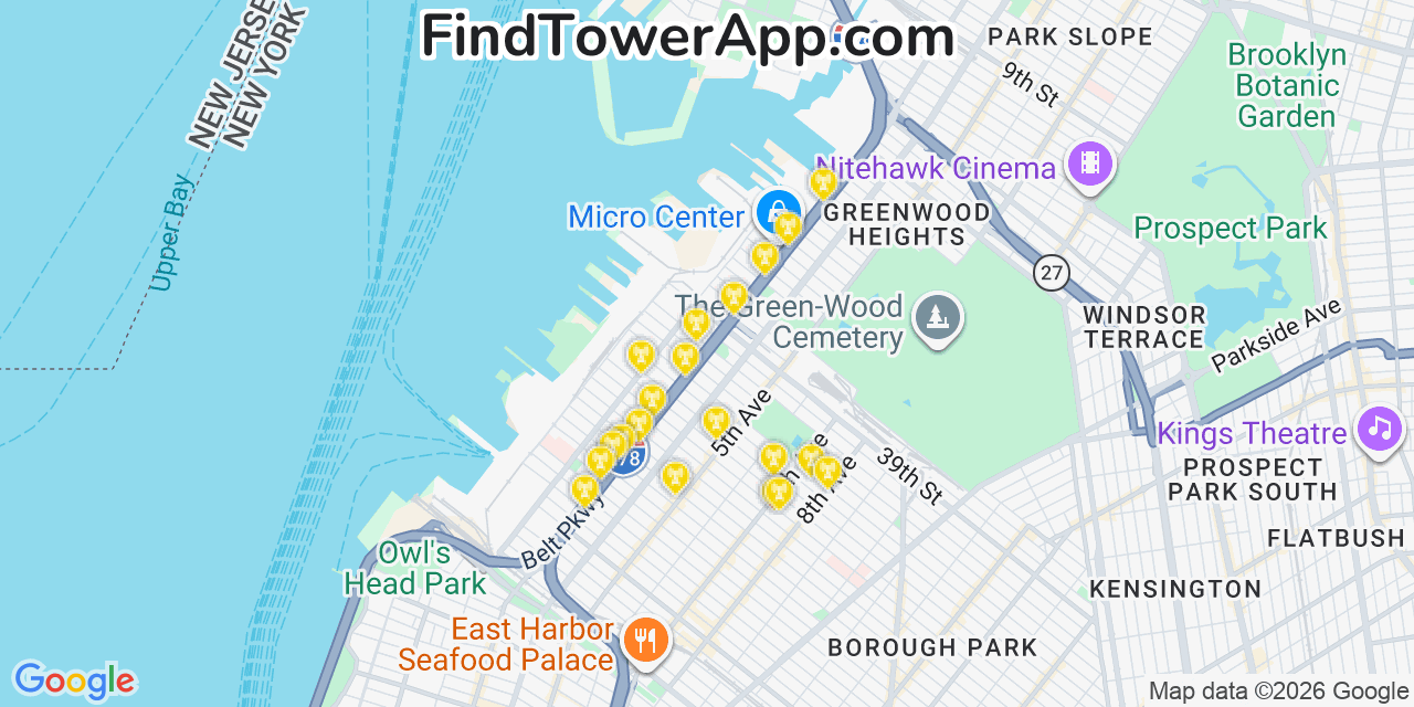Map showing the 20 primary cell tower locations detected in Sunset Park, New York from AT&T, Verizon, and T-Mobile networks